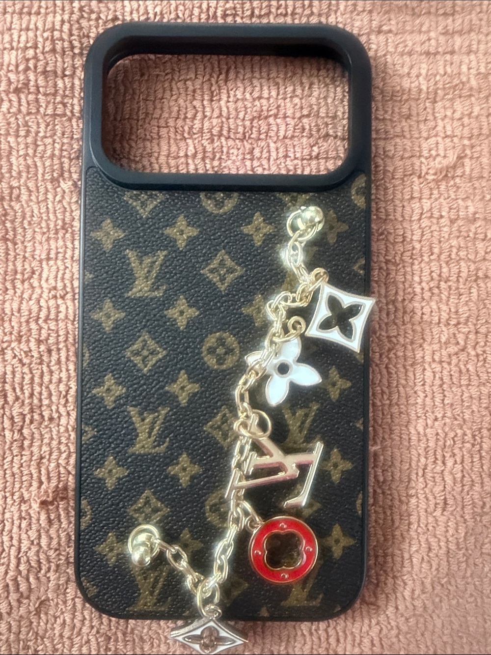Monogram Brown Phone Case with Gold Charm Chain 17 pro max